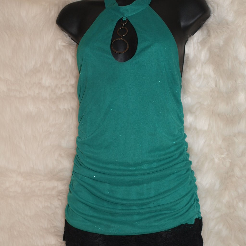 Green Halter Blouse With Black Lace Trim And Keyhole Front By Vanity Size S